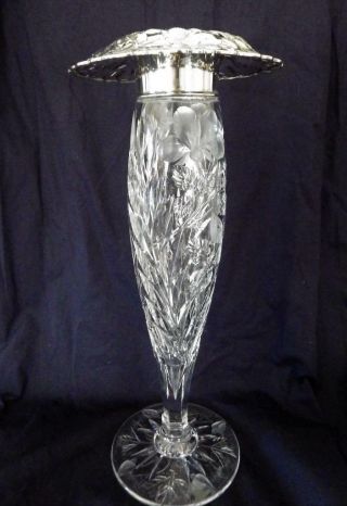 Antique American Brilliant Cut Glass Tall Footed Vase Sterling Vase Art Nouveau