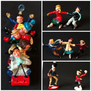 12 Lead Children Figures At Winter Play & Old Man,  Marked U.  S.  A. ,  1990