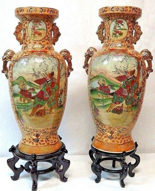 Pair 32 " Antique Chinese Rose Enameled Porcelain Satsuma Floor Vases 40 " W/stand