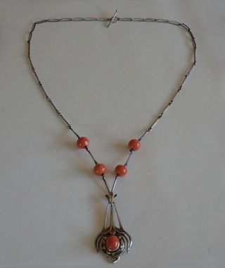 ANTIQUE ARTS & CRAFTS STERLING SILVER NATURAL SALMON PINK CORAL PENDANT NECKLACE 10