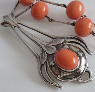 Antique Arts & Crafts Sterling Silver Natural Salmon Pink Coral Pendant Necklace