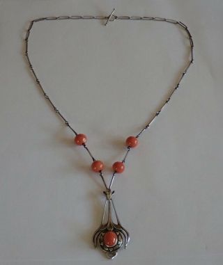 ANTIQUE ARTS & CRAFTS STERLING SILVER NATURAL SALMON PINK CORAL PENDANT NECKLACE 2