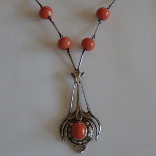 ANTIQUE ARTS & CRAFTS STERLING SILVER NATURAL SALMON PINK CORAL PENDANT NECKLACE 3