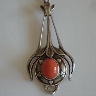 ANTIQUE ARTS & CRAFTS STERLING SILVER NATURAL SALMON PINK CORAL PENDANT NECKLACE 4