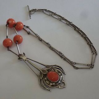 ANTIQUE ARTS & CRAFTS STERLING SILVER NATURAL SALMON PINK CORAL PENDANT NECKLACE 6