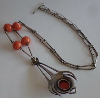 ANTIQUE ARTS & CRAFTS STERLING SILVER NATURAL SALMON PINK CORAL PENDANT NECKLACE 7
