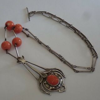 ANTIQUE ARTS & CRAFTS STERLING SILVER NATURAL SALMON PINK CORAL PENDANT NECKLACE 8
