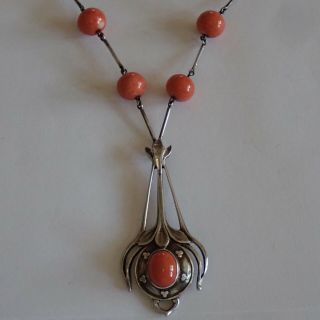 ANTIQUE ARTS & CRAFTS STERLING SILVER NATURAL SALMON PINK CORAL PENDANT NECKLACE 9