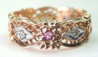 Retro Vintage Estate 14k Rose Gold Diamond Ruby Eternity Wedding Band Ring Sz 9