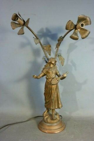 Ca.  1910 Antique Art Nouveau Era Lady & Lute Statue Figural Music Room Old Lamp