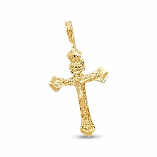 Jesus Ancient Cross Pendant Solid 14k Yellow Gold Crucifix Charm Polished Finish