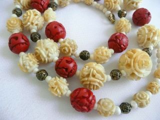 Vintage Antique Chinese Cinnabar Carved Bead Necklace