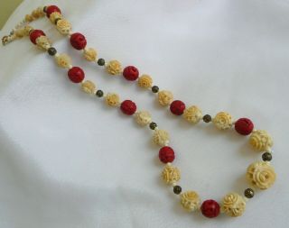 Vintage Antique Chinese Cinnabar Carved Bead Necklace 3