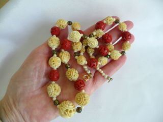 Vintage Antique Chinese Cinnabar Carved Bead Necklace 4
