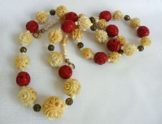 Vintage Antique Chinese Cinnabar Carved Bead Necklace 5