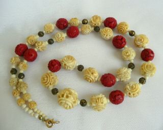 Vintage Antique Chinese Cinnabar Carved Bead Necklace 6