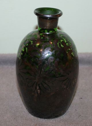 Antique Art Nouveau Silver Overlay Bottle/vase Emerald Green Glass