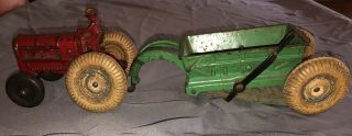 Vintage Arcade Cast Iron Allis Chalmers Toy Farm Tractor & Dump Trailer Hopper