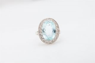 Antique 1950s $5000 10ct Natural Aquamarine Diamond 14k White Gold Halo Ring