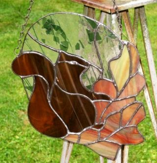Vintage Garden Squirrel Handmade Stained Glass Window Hanging Suncatcher