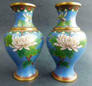 Cv3 Quality Chinese Cloisonné Enamel Vase Pair Cornflower Blue