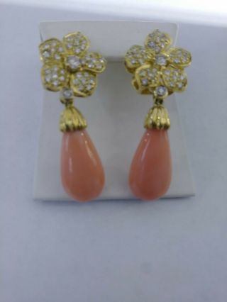 Vintage Van Cleef & Arpels VCA 18KT Yellow Gold Diamond Coral Flower Earrings 2