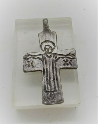 Scarce Ancient Byzantine Silver Cross Pendant With Depiction Of Saint