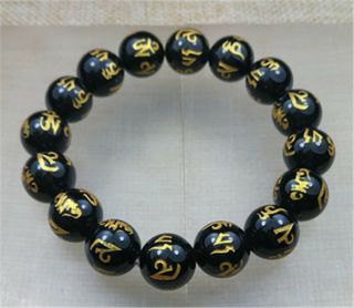 12mm Natural Black Agate 六字真言 Carved Round Stone Beads With Stretchy Bracelet