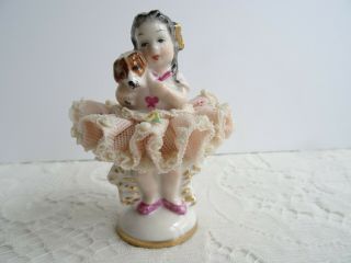 Dresden Figurine M.  Volkstedt Irish Dresden Porcelain Lace - Girl With Puppy