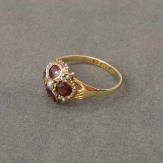 Antique Victorian 15ct Gold Garnet Seed Pearl Hands Fede Ring 1866 Size N 1/2
