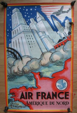 Rare Vintage Old Dated 1946 Air France Poster Amerique Du Nord America Airline