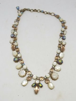 Vintage Schreiner York Mother Of Pearl And Rhinestone Designer Necklace