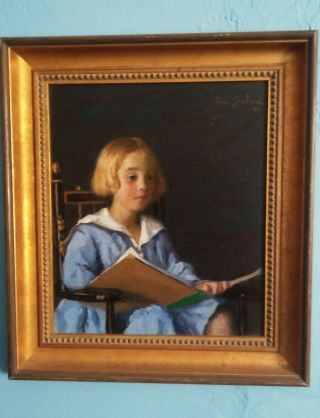 Rare Antique Portrait Painting Young Girl Reading Theodore Van Soelen American