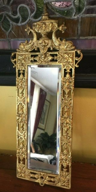 Antique Ornate Brass Bradley & Hubbard Fish Beveled Mirror