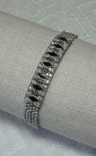 Art Deco Bracelet 64 Diamond Platinum Onyx Pearl Antique Wedding Museum Quality