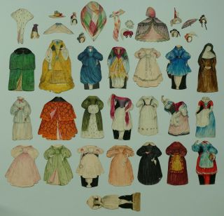 Rare Antique Handpainted French Paper Dolls 1839 - Box - Watercolour