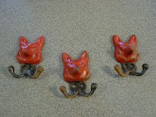 3 Vintage Cast Iron Red Fox Head Face Coat Hangers With Red Paint Black Base