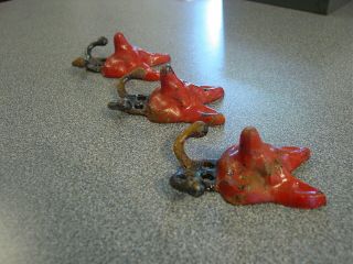 3 Vintage Cast Iron Red Fox Head Face Coat Hangers with Red Paint Black Base 3