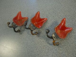 3 Vintage Cast Iron Red Fox Head Face Coat Hangers with Red Paint Black Base 4