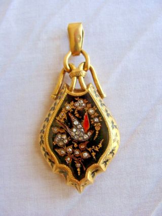 Lovely 18k Yellow Gold French Victorian Enamel Locket Pendant W Rose Cut Diamond