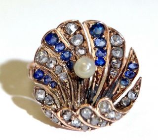 Sweet 14k Rose Gold Diamond And Sapphire Antique Victorian Shell Ring Size 5.  5