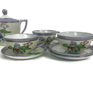 Vintage 1930s Child Tea Set Boy W/ Rabbit Made In Japan Lustreware Lusterware B9 3