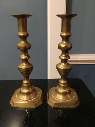 Antique Pair 19th Century Brass Push Up Beehive Candlesticks 10 1/2” English