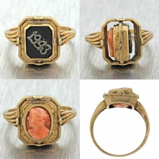 1943 Antique Art Deco 10k Solid Yellow Gold Rose Pink Coral Cameo Onyx Date Ring