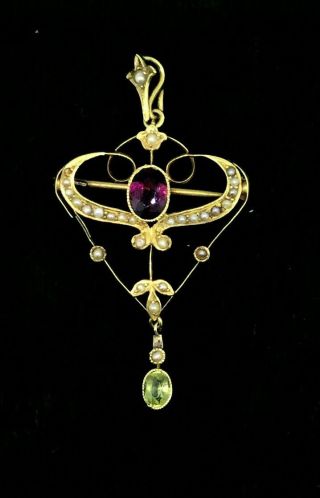Edwardian Suffragette Pendant 9ct Nat Gemstones Seed Pearls Brooch