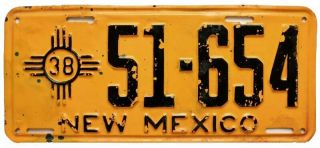 Mexico 1938 License Plate,  51 - 654,  Zia Indian Sun,  Old West Antique