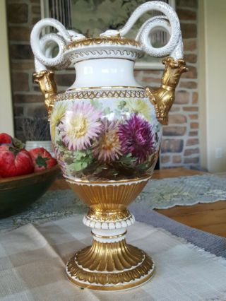 15 1/8 " Antique Meissen Porcelain Snake Handle Gilt Urn Chrysanthemum