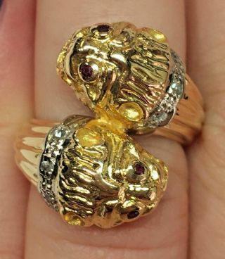 Vintage 18k Signed Ilias Lalaounis Double Lion Head Chimera Ruby & Diamond Ring 7