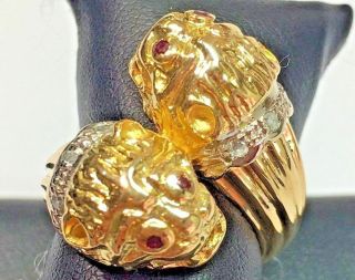 Vintage 18k Signed Ilias Lalaounis Double Lion Head Chimera Ruby & Diamond Ring 9