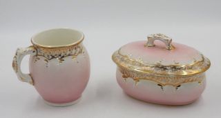Antique 19th Century Pink Blush & Gold Gilt Porcelain Creamer & Sugar Bowl